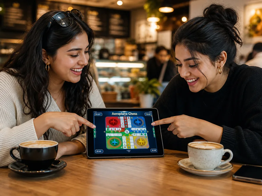 Two people playing Aeroplane Chess together on one tablet